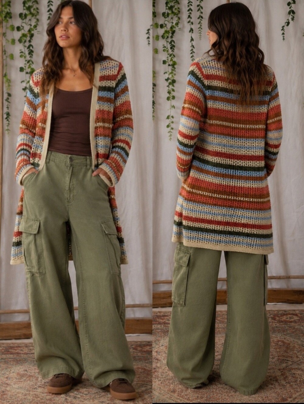 3-Piece Boho Outfit Bundle | Crochet Cardigan, Olive Green Cargo Pants, and Tank